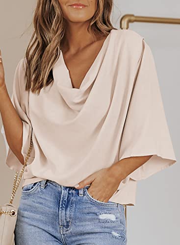 Dokotoo Women's V-Neck Wrap Top - Short Sleeve Chiffon Blouse, Trendy, Casual, Work, Apricot, XL