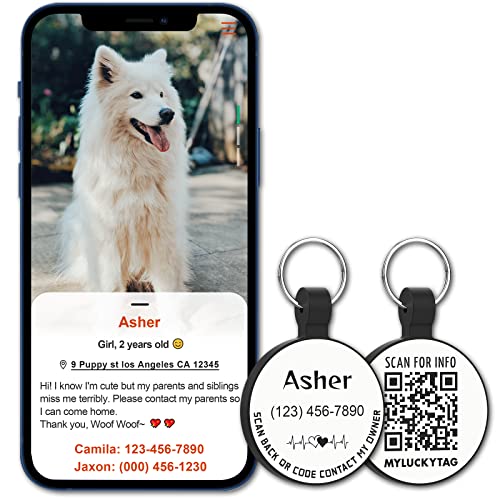 MYLUCKYTAG Personalized Pet ID Tags Dog Tags - Silent Silicone QR Code ID Tags - Pet Online Profile - Send Pet Location Alert Email When Scanning