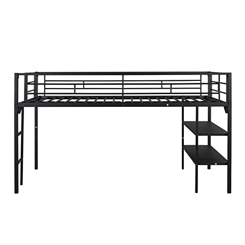 Neylory Low Loft Bed Twin with Storage Shelves, Metal Loft Beds for Kids with Ladders and Guard Rails, Space Saving Black Twin Size Loft Bed for Girls Junior Children