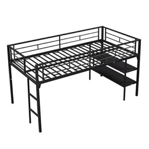 Neylory Low Loft Bed Twin with Storage Shelves, Metal Loft Beds for Kids with Ladders and Guard Rails, Space Saving Black Twin Size Loft Bed for Girls Junior Children