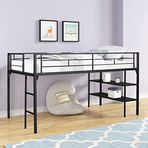 Neylory Low Loft Bed Twin with Storage Shelves, Metal Loft Beds for Kids with Ladders and Guard Rails, Space Saving Black Twin Size Loft Bed for Girls Junior Children