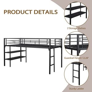 Neylory Low Loft Bed Twin with Storage Shelves, Metal Loft Beds for Kids with Ladders and Guard Rails, Space Saving Black Twin Size Loft Bed for Girls Junior Children