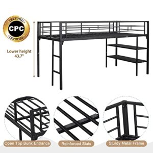 Neylory Low Loft Bed Twin with Storage Shelves, Metal Loft Beds for Kids with Ladders and Guard Rails, Space Saving Black Twin Size Loft Bed for Girls Junior Children