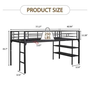 Neylory Low Loft Bed Twin with Storage Shelves, Metal Loft Beds for Kids with Ladders and Guard Rails, Space Saving Black Twin Size Loft Bed for Girls Junior Children