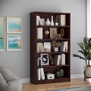 STARY 5 Shelf Bookcase Mahogany Tall Bookshelf for Bedroom 5 Tier Modern Wood Bookshelf 33" Wide 60" Tall