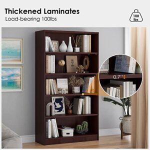 STARY 5 Shelf Bookcase Mahogany Tall Bookshelf for Bedroom 5 Tier Modern Wood Bookshelf 33" Wide 60" Tall