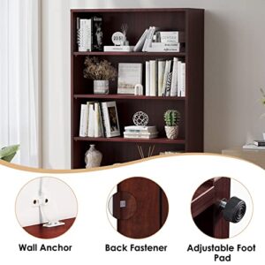 STARY 5 Shelf Bookcase Mahogany Tall Bookshelf for Bedroom 5 Tier Modern Wood Bookshelf 33" Wide 60" Tall