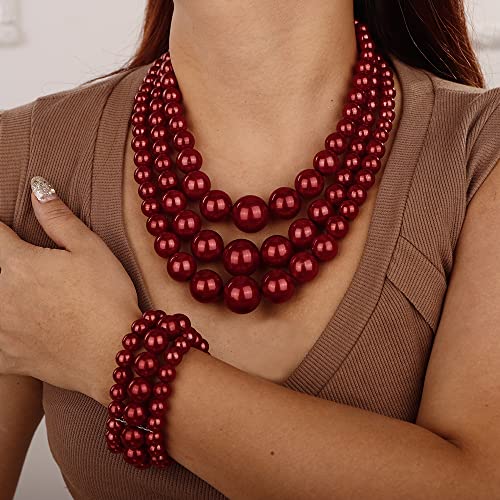 Aimimier 1920s Multilayered Chunky Collar Bib Pearl Necklace with Earrings and Bracelet Costume Jewelry for Women (Red)