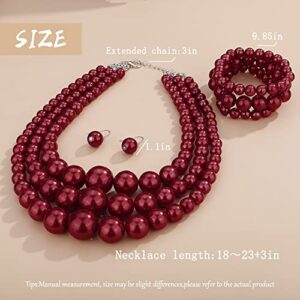 Aimimier 1920s Multilayered Chunky Collar Bib Pearl Necklace with Earrings and Bracelet Costume Jewelry for Women (Red)