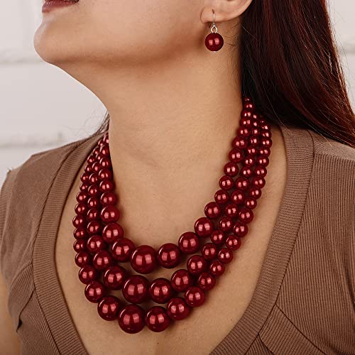 Aimimier 1920s Multilayered Chunky Collar Bib Pearl Necklace with Earrings and Bracelet Costume Jewelry for Women (Red)