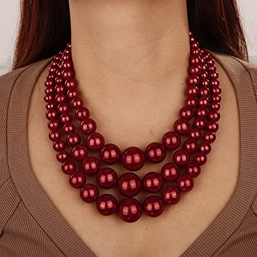 Aimimier 1920s Multilayered Chunky Collar Bib Pearl Necklace with Earrings and Bracelet Costume Jewelry for Women (Red)