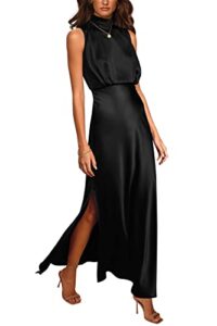 prettygarden women's long formal satin dress mock neck sleeveless side slit flowy maxi tank dresses (black,medium)