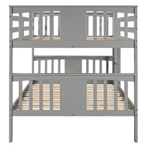 Dividable Full Over Full Bunk Bed with Ladder for Kids, Teens, Adults, No Box Spring Required Solid Wooden Bedframe w/Full-Length Guardrail, Bedroom, Guest Room Furniture, Gray