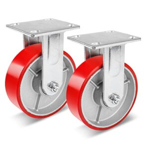 6 inch industrial fix casters heavy duty no noise polyurethane wheel on steel hub, 1200 lbs load capacity per rigid casters for utility cart, dollies (2 pack)