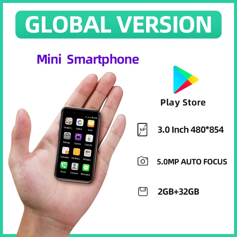 SUDRID Mini Smartphone, Unlocked Smartphone The World's Smallest Cell Phone 3.0 Inches Android Mini Phone 2G+32G Quad Core 5.0MP Dual SIM Tiny Child Phone Unlocked 3G Mobile Phone (Black)