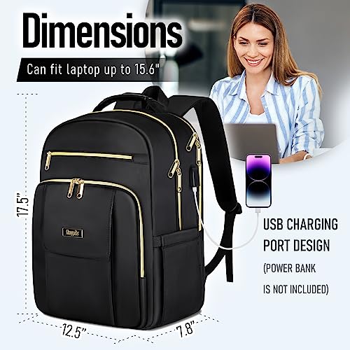 Backpack for Women, School Backpack with USB Charging Port, Travel Business College Anti Theft Bookbag for Student, 15.6 Inch Work Computer Laptop Back Pack, Casual Daypack, Black