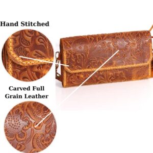 Handmade Small Crossbody Shoulder Bag for Women, Cellphone Bags Adjustable Strap, Leather Card Holder Wallet Purse and Handbags With Zipper Coin Clutch for Teen Girls Bags (Carved Camel)