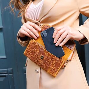 Handmade Small Crossbody Shoulder Bag for Women, Cellphone Bags Adjustable Strap, Leather Card Holder Wallet Purse and Handbags With Zipper Coin Clutch for Teen Girls Bags (Carved Camel)