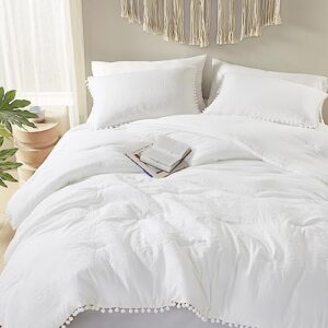 codi white boho queen comforter set, aesthetic luxurious pom fringe design bedding full, cute soft washed microfiber bed sets, lightweight chic 3pcs,1 comforter & 2 pillowcases (90x90 inches)