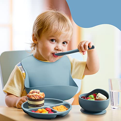 15 Pcs Baby Led Weaning Supplies, Silicone Baby Feeding Set, Suction Bowl Divided Plate with Suction Adjustable Bib Soft Spoon Fork, Infant Baby Toddler Self Eating Utensil (Blue, Green, Gray)
