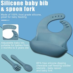 15 Pcs Baby Led Weaning Supplies, Silicone Baby Feeding Set, Suction Bowl Divided Plate with Suction Adjustable Bib Soft Spoon Fork, Infant Baby Toddler Self Eating Utensil (Blue, Green, Gray)