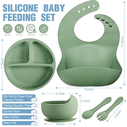 15 Pcs Baby Led Weaning Supplies, Silicone Baby Feeding Set, Suction Bowl Divided Plate with Suction Adjustable Bib Soft Spoon Fork, Infant Baby Toddler Self Eating Utensil (Blue, Green, Gray)