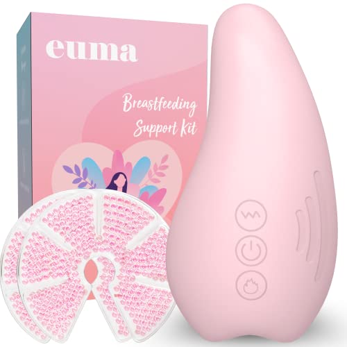 Euma Love Breastfeeding Essentials Support Kit for Nursing Moms- Vibrating Lactation Massager with Heat and Breast Therapy Pads: Improve Milk Flow, Relieve Clogged Ducts, Mastitis, and Engorgement