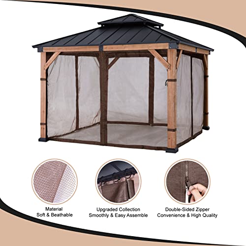 ABCCANOPY Universal Gazebo Netting Replacement 10x10 - Mosquito Netting for Gazebo and Pergolas Outdoor Mesh Netting Screen 4-Panel Sidewall Curtain with Double-Side Zippers (Brown)