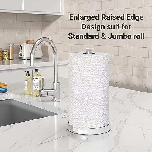 Swaitee Paper Towel Holder, One Hand Tear Countertop Paper Towel Holder for Standard & Jumbo Rolls, Stainless Steel Paper Towel Holder with Anti-Slip Weighted Base for Kitchen and Bathroom(Silver+ABS)