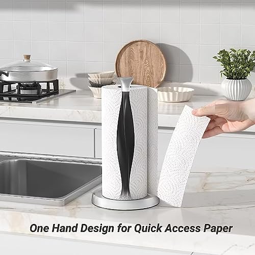 Swaitee Paper Towel Holder, One Hand Tear Countertop Paper Towel Holder for Standard & Jumbo Rolls, Stainless Steel Paper Towel Holder with Anti-Slip Weighted Base for Kitchen and Bathroom(Silver+ABS)