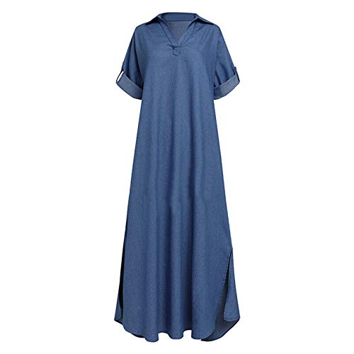 Spring Dresses, Dressy Dresses for Women Casual Dresses 2023 Dillards Women's Clothing Dresses Casual Solid Denim Dress V-Neck Roll Sleeve Button Loose Long Dress Women's Casual (L, Blue)