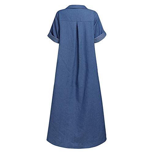 Spring Dresses, Dressy Dresses for Women Casual Dresses 2023 Dillards Women's Clothing Dresses Casual Solid Denim Dress V-Neck Roll Sleeve Button Loose Long Dress Women's Casual (L, Blue)