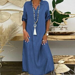 Spring Dresses, Dressy Dresses for Women Casual Dresses 2023 Dillards Women's Clothing Dresses Casual Solid Denim Dress V-Neck Roll Sleeve Button Loose Long Dress Women's Casual (L, Blue)