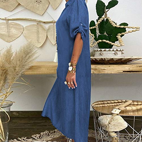Spring Dresses, Dressy Dresses for Women Casual Dresses 2023 Dillards Women's Clothing Dresses Casual Solid Denim Dress V-Neck Roll Sleeve Button Loose Long Dress Women's Casual (L, Blue)