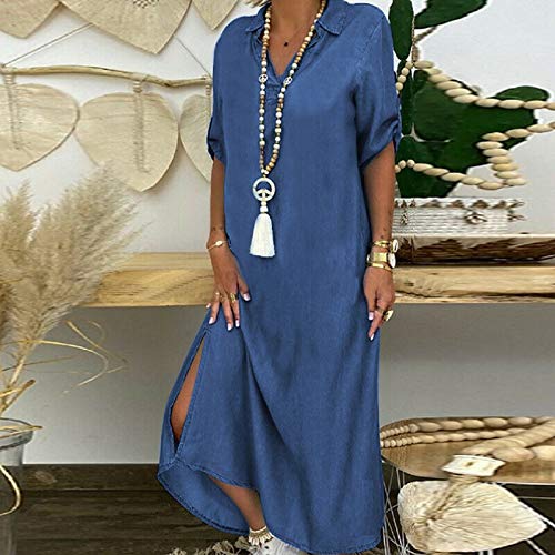 Spring Dresses, Dressy Dresses for Women Casual Dresses 2023 Dillards Women's Clothing Dresses Casual Solid Denim Dress V-Neck Roll Sleeve Button Loose Long Dress Women's Casual (L, Blue)
