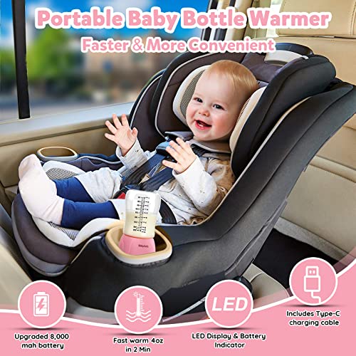 Bottle Warmer, Baby Bottle Warmer Portable for Travel Car On The Go, 2-5 Min Fast Bottle Warmer for Breastmilk, Wireless Rechargeable with 4 Precise Temperature Control, Auto Shut-Off, USB, 8.8oz