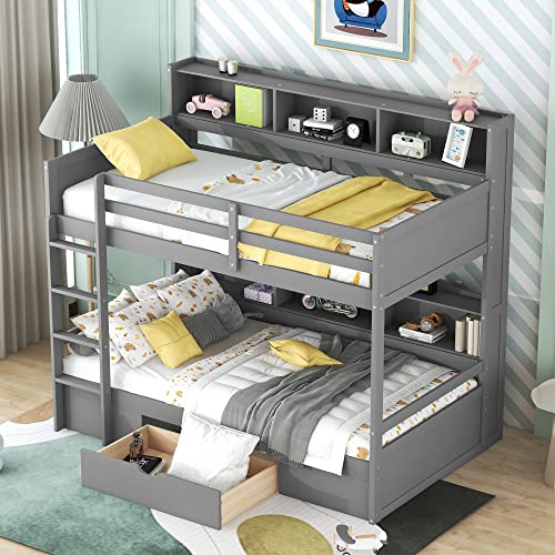 Harper & Bright Designs Bunk Bed Twin Over Twin with Storage,Wood Twin Bunk Beds with Built-in Shelves Beside Both Upper & Down Bed,Multi Storage Bunk Beds with Drawer for Kids Girls Boys, Grey