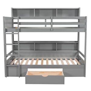 Harper & Bright Designs Bunk Bed Twin Over Twin with Storage,Wood Twin Bunk Beds with Built-in Shelves Beside Both Upper & Down Bed,Multi Storage Bunk Beds with Drawer for Kids Girls Boys, Grey