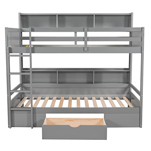 Harper & Bright Designs Bunk Bed Twin Over Twin with Storage,Wood Twin Bunk Beds with Built-in Shelves Beside Both Upper & Down Bed,Multi Storage Bunk Beds with Drawer for Kids Girls Boys, Grey