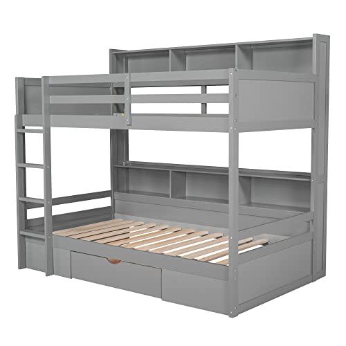 Harper & Bright Designs Bunk Bed Twin Over Twin with Storage,Wood Twin Bunk Beds with Built-in Shelves Beside Both Upper & Down Bed,Multi Storage Bunk Beds with Drawer for Kids Girls Boys, Grey