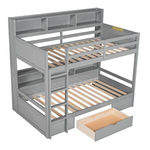 Harper & Bright Designs Bunk Bed Twin Over Twin with Storage,Wood Twin Bunk Beds with Built-in Shelves Beside Both Upper & Down Bed,Multi Storage Bunk Beds with Drawer for Kids Girls Boys, Grey