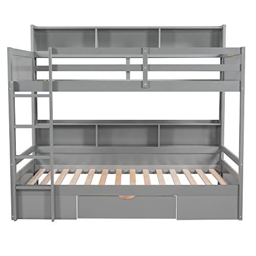 Harper & Bright Designs Bunk Bed Twin Over Twin with Storage,Wood Twin Bunk Beds with Built-in Shelves Beside Both Upper & Down Bed,Multi Storage Bunk Beds with Drawer for Kids Girls Boys, Grey