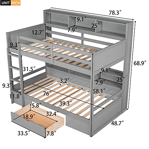 Harper & Bright Designs Bunk Bed Twin Over Twin with Storage,Wood Twin Bunk Beds with Built-in Shelves Beside Both Upper & Down Bed,Multi Storage Bunk Beds with Drawer for Kids Girls Boys, Grey