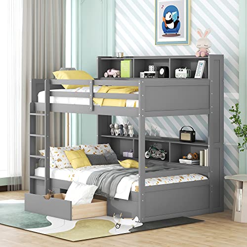 Harper & Bright Designs Bunk Bed Twin Over Twin with Storage,Wood Twin Bunk Beds with Built-in Shelves Beside Both Upper & Down Bed,Multi Storage Bunk Beds with Drawer for Kids Girls Boys, Grey