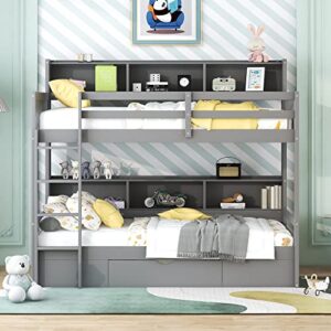 Harper & Bright Designs Bunk Bed Twin Over Twin with Storage,Wood Twin Bunk Beds with Built-in Shelves Beside Both Upper & Down Bed,Multi Storage Bunk Beds with Drawer for Kids Girls Boys, Grey