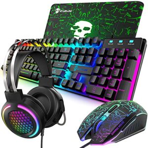 wired gaming keyboard and mouse combo with gaming mouse pad and headset,4 in 1 gaming set 100% full size led rgb light up ergonomic gaming bundle for teclado gamer/computer pc game/ps4/ps5/xbox black