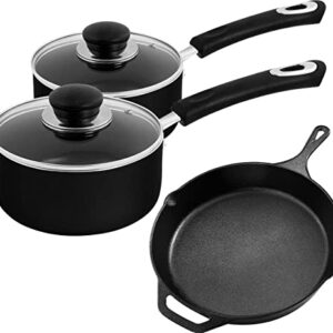 Utopia Kitchen Professional 3 Piece Set – 1 and 2 Quart Nonstick Saucepans with Glass Lids along with a Pre-seasoned 12.5 inch Cast-iron Skillet - Induction Bottom (Grey-Black and Black)