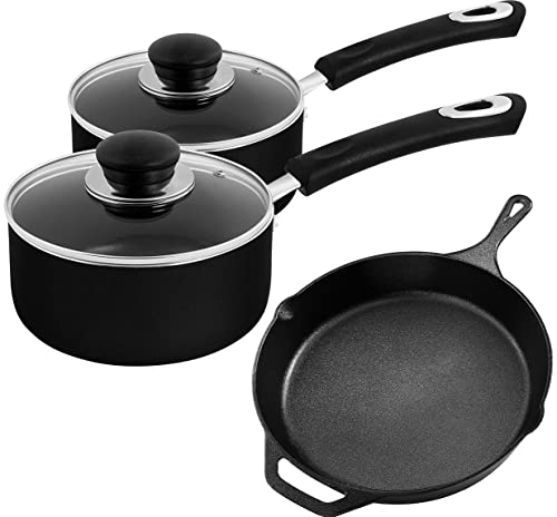 Utopia Kitchen Professional 3 Piece Set – 1 and 2 Quart Nonstick Saucepans with Glass Lids along with a Pre-seasoned 12.5 inch Cast-iron Skillet - Induction Bottom (Grey-Black and Black)