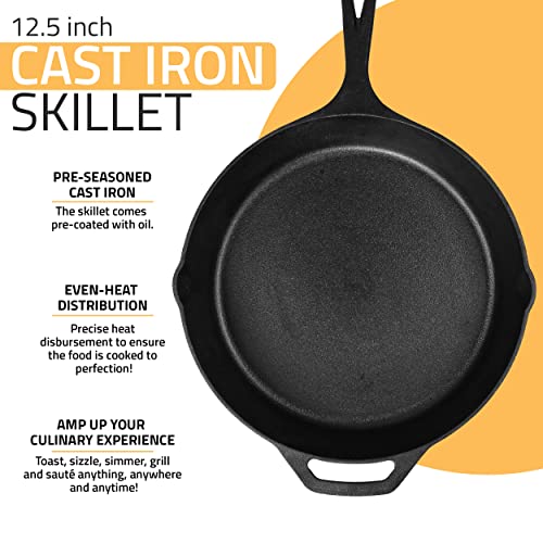 Utopia Kitchen Professional 3 Piece Set – 1 and 2 Quart Nonstick Saucepans with Glass Lids along with a Pre-seasoned 12.5 inch Cast-iron Skillet - Induction Bottom (Grey-Black and Black)