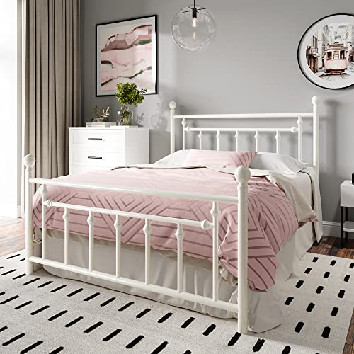 HOOMIC Full Size Metal Platform Bed Frame/Victorian Style Iron-Art Headboard and Footboard / 14 Inches Mattress Foundation for Storage/No Box Spring Needed/Easy Assembly/Off-White